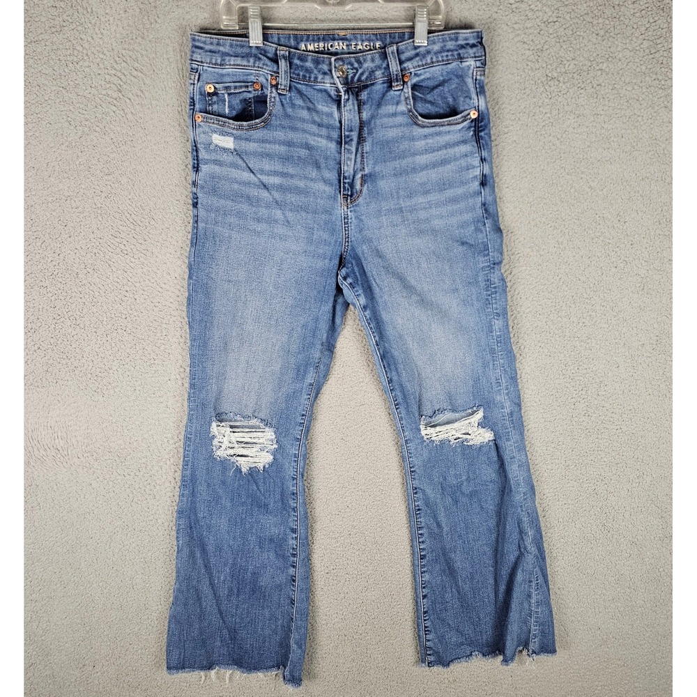 American Eagle Jeans Women 12 Blue Next Level Stretch Flare Distressed High Rise